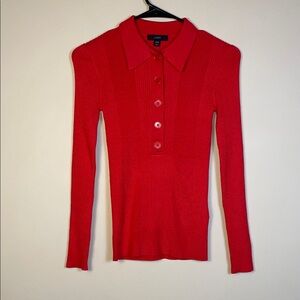 J. Crew Women’s Red Ribbed Button-Up Long Sleeve Polo Shirt